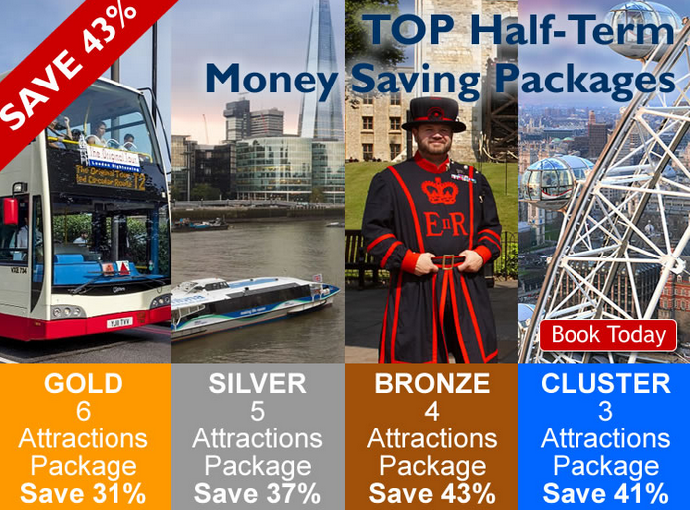 Medley of bus, boat in the Theme, beefeater, Tower of London and London Eye. Discount label
